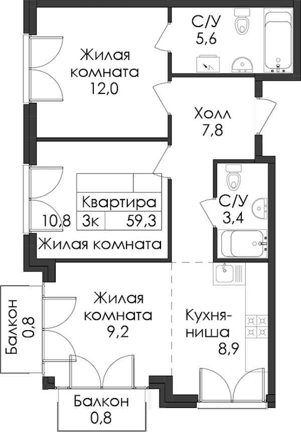 2-комнатная квартира 59.3 м², 3/7 эт., ЖК «Лермонтовский 54»
